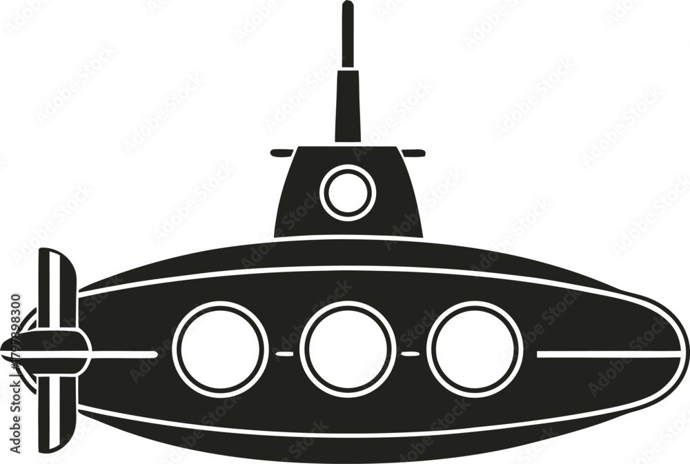 Fototapeta premium Black Silhouette Icon of a Submarine with Propeller and Windows underwater vessel