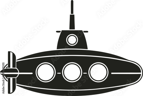 Black Silhouette Icon of a Submarine with Propeller and Windows underwater vessel