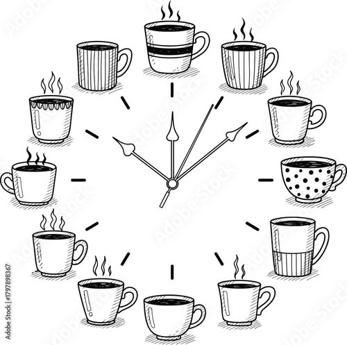 Coffee Cups Arranged Like a Clock Face With Steaming Hot Beverages time morning