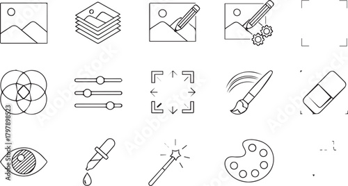 Collection of graphic design and editing icons, including image manipulation, color selection, and creative tools