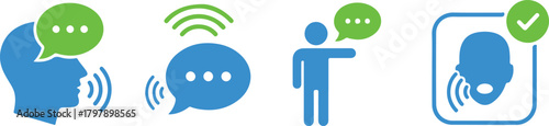 Set of blue and green icons illustrating voice command and speech recognition technology