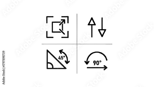 Vector illustration of set of icons representing measurements, angles, and scaling on a transparent background