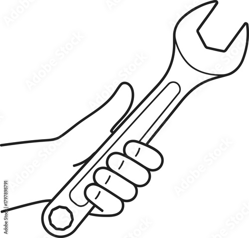 Hand holding wrench tool, perfect for DIY, repair, or industrial designs, emphasizing precision and skilled craftsmanship, ideal for projects needing a touch of expertise