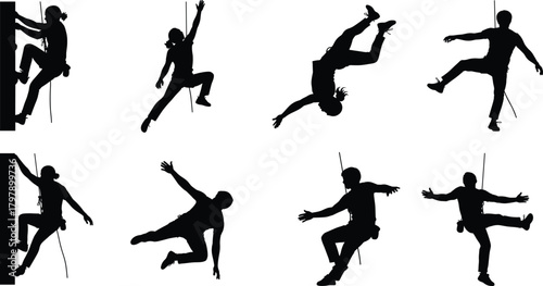 Rock climbing silhouettes, black vector climbers, rope safety poses, extreme sport graphics, wall climbing icons, adventure design elements, harness forms