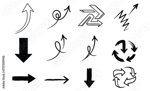 Collection of hand drawn arrows and recycling symbols in various styles and directions