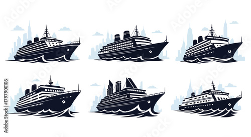 Cruise ships with city skyline vector illustration set