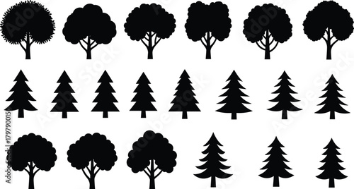 Tree silhouette icons, black vector trees, deciduous and coniferous shapes, nature graphics, forest elements, botanical outlines, landscape design assets