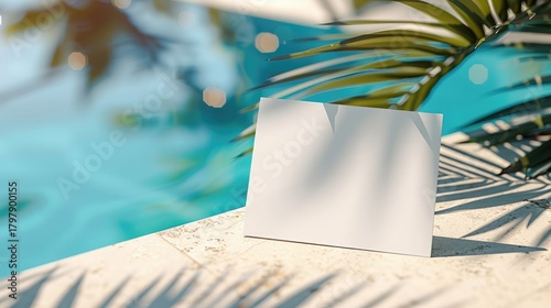 A blank white card mockup, placed on a sunlit stone surface by a turquoise pool, shaded by palm trees. Perfect for summer promotions, tropical invitations, and vacation-themed designs.