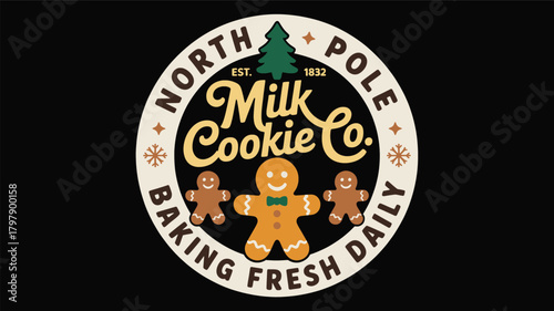 Festive north pole milk cookie co oval sign featuring a gingerbread man and two smaller gingerbread cookies with a christmas tree silhouette