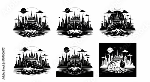 Cityscape and cruise ship on water vector illustration