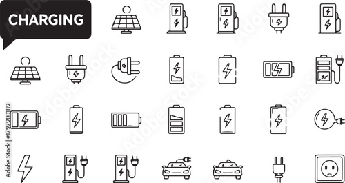 Collection of line icons related to charging, electricity, and electric vehicles