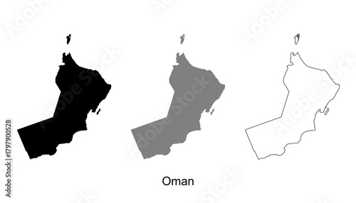 Oman map set. Oman map vector. Oman map on silhouette, gray, and outline