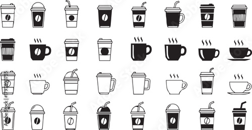 Collection of coffee cup icons, various styles and designs