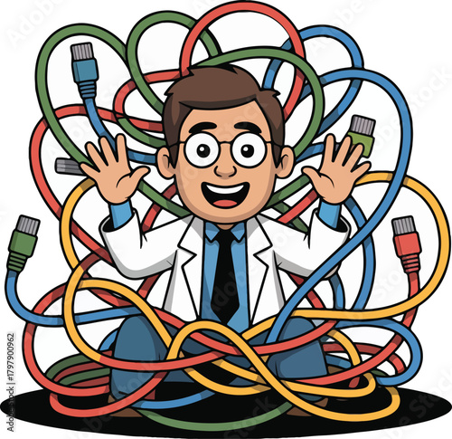 Cartoon man in lab coat tangled in colorful computer network cables vector