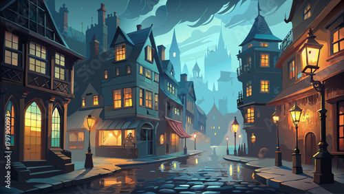 Very beautiful atmospheric Victorian-era city scene on a moody evening, featuring glowing gas-lights, drifting fog, and wet cobblestone streets lined with historic architecture in a timeless, cinemati