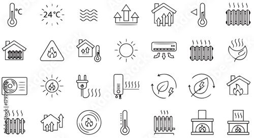 Collection of line icons representing heating, cooling, and temperature control systems for homes and buildings
