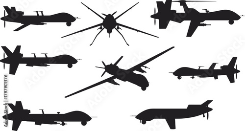 Military drone silhouettes collection, unmanned aerial vehicles, combat UAV set, aircraft design illustration, modern technology, air force defense concept, aviation vector