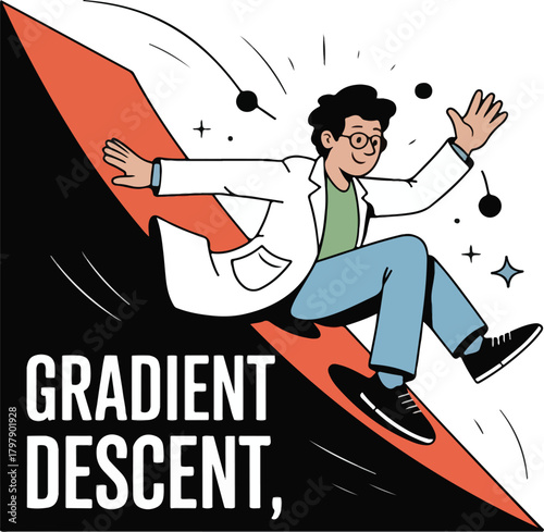Cartoon scientist slides down orange and black gradient with text illustration descent