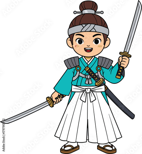Cute cartoon samurai boy holding two swords, cheerful young warrior in traditional outfit, smiling martial arts character illustration