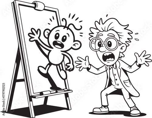 Cartoon scientist surprised by animated drawing on easel animation
