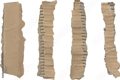 Brown corrugated cardboard strips with torn rough edges, recycled textured material isolated