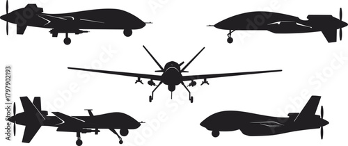 Military drone silhouettes collection, unmanned aerial vehicles, modern technology aircraft illustration, surveillance drone, combat UAV design, defense aviation concept, vector art