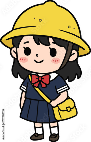 Cute schoolgirl illustration, cartoon child in yellow hat, navy uniform student, kawaii girl art, smiling character design