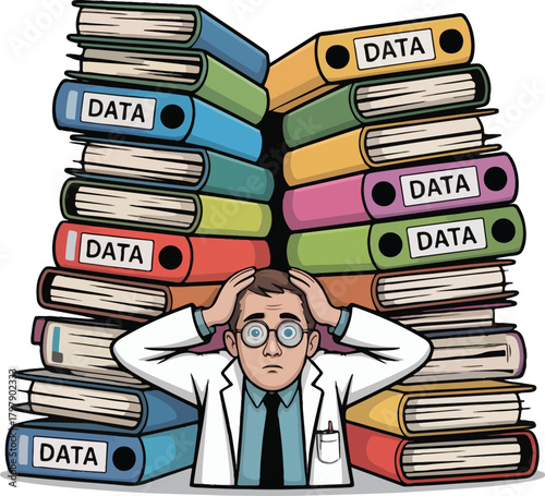 Man in lab coat overwhelmed by stacks of data binders scientist researcher