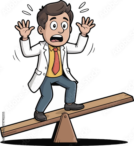 Man in lab coat on seesaw with worried expression scientist doctor