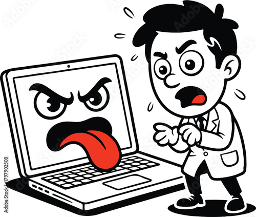 Man scared by angry laptop with red tongue sticking out cartoon afraid