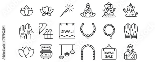 Celebrate Diwali with this elegant line art collection of traditional symbols, bringing light, joy, and prosperity to your festive designs