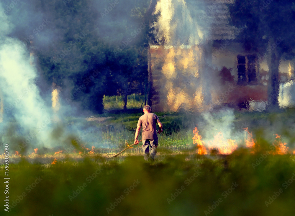 Fototapeta premium Mężczyzna wypala trawy na polu po zebraniu plonów. Wypalanie traw jest czynnością bardzo ryzykowną i szkodliwą dla środowiska