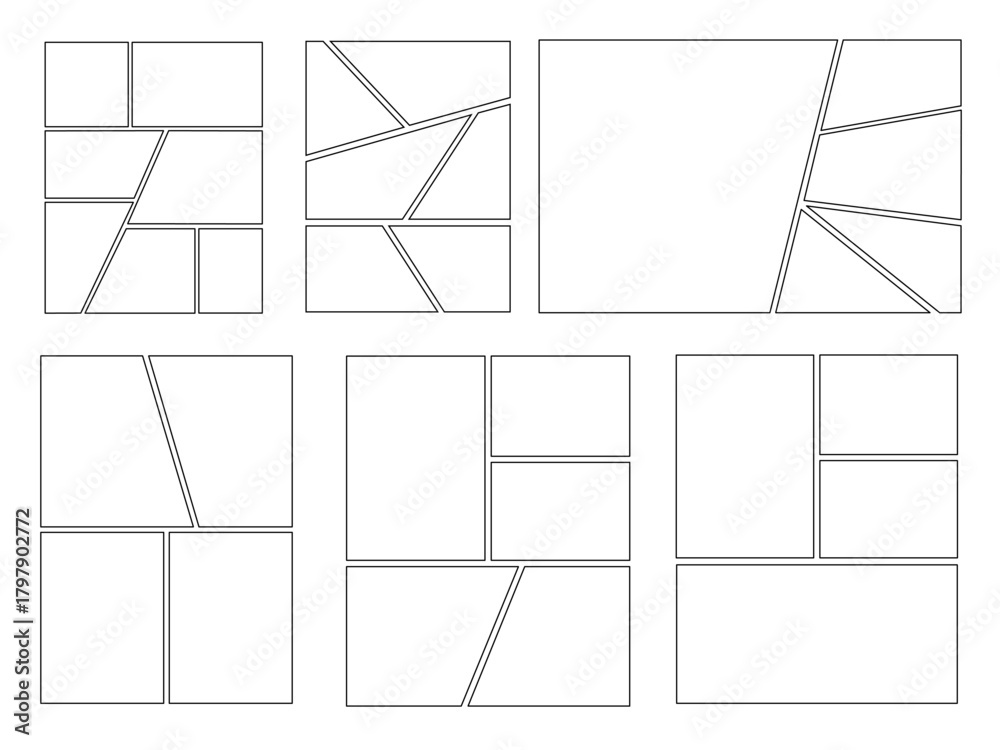 Fototapeta premium Set of templates for manga comic panels including 6 templates. Comic or Manga background frames and panels, designed for use by mangaka or comic artists. Backgrounds for comics or manga.