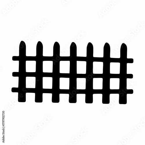 Simple black and white drawing of a wooden fence on white background