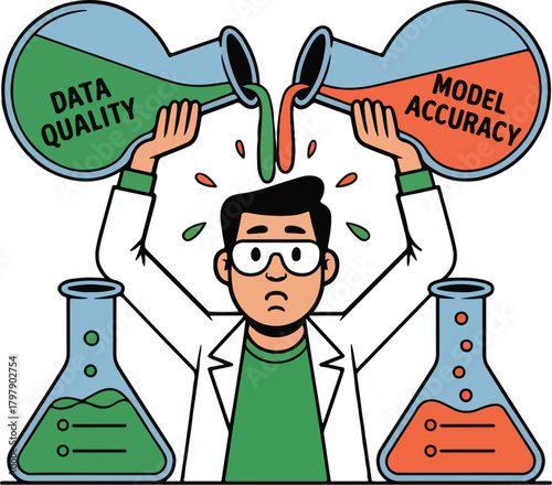 Scientist pouring green data quality and orange model accuracy liquids laboratory experiment