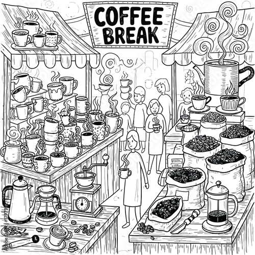 Hand-drawn Illustration of a Bustling Coffee Break Market Scene with People and Stalls stand