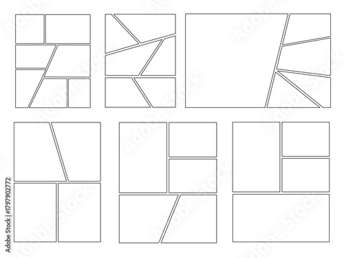 Set of templates for manga comic panels including 6 templates. Comic or Manga background frames and panels, designed for use by mangaka or comic artists. Backgrounds for comics or manga.