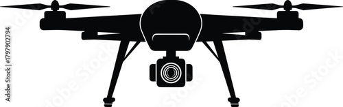 Modern quadcopter drone with high resolution camera, professional aerial photography equipment, unmanned flying device, vector silhouette, drone technology illustration