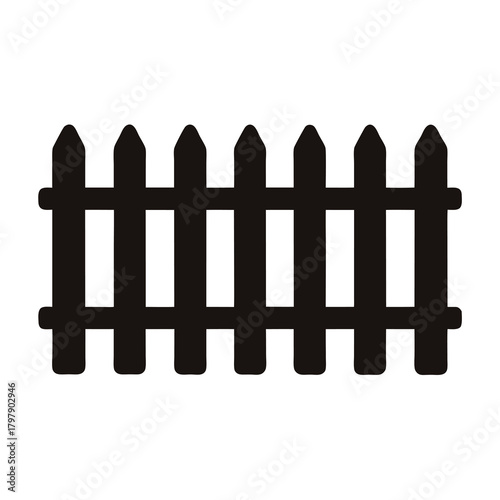 Black silhouette of a classic picket fence against a white background