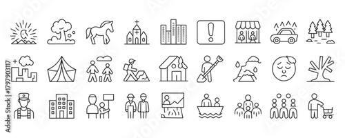 Comprehensive vector icons depicting disaster relief, healthcare, education, and community support for humanitarian aid campaigns and social issues