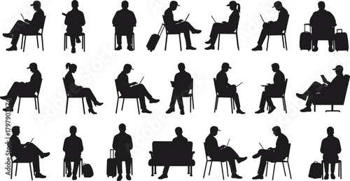 People sitting silhouette collection with luggage and laptop, waiting at airport, travel concept, passengers working, business travelers illustration, vector design