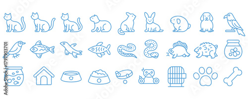Adorable pets and supplies line art collection, perfect for illustrating veterinary services, pet care products, and animal-themed designs