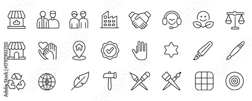 Enhance your eco-friendly brand with these minimalist icons representing sustainability, community, and ethical business practices today