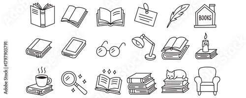 Outline drawings showcasing books, reading glasses, cozy armchair, and hot coffee for educational content or book club promotions