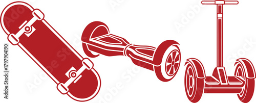 Red Silhouette Icons of a Skateboard, Hoverboard, and Segway personal transporter electric scooter