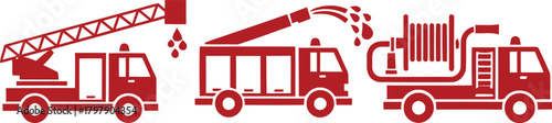 Red Silhouette Icons of Fire Trucks with Ladder Hose and Water Tank fire engine emergency vehicle