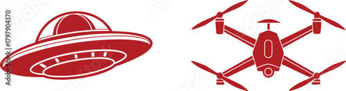 Red Silhouette Icons of Flying Saucer and Drone on White Background quadcopter aerial vehicle