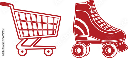 Red Silhouette Icons of Shopping Cart and Roller Skate on White Background retail commerce
