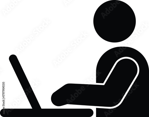 Silhouette of person working on laptop computer, online job concept, freelance business illustration, remote work technology, digital communication workspace icon