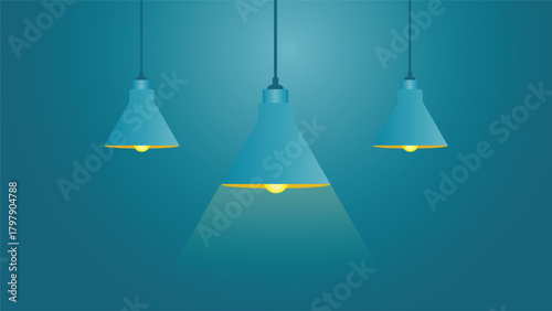 Three modern hanging lamps glowing softly on a teal background. Perfect for lighting themes interior design concepts decor projects workspace visuals modern home ambience and creative designs.